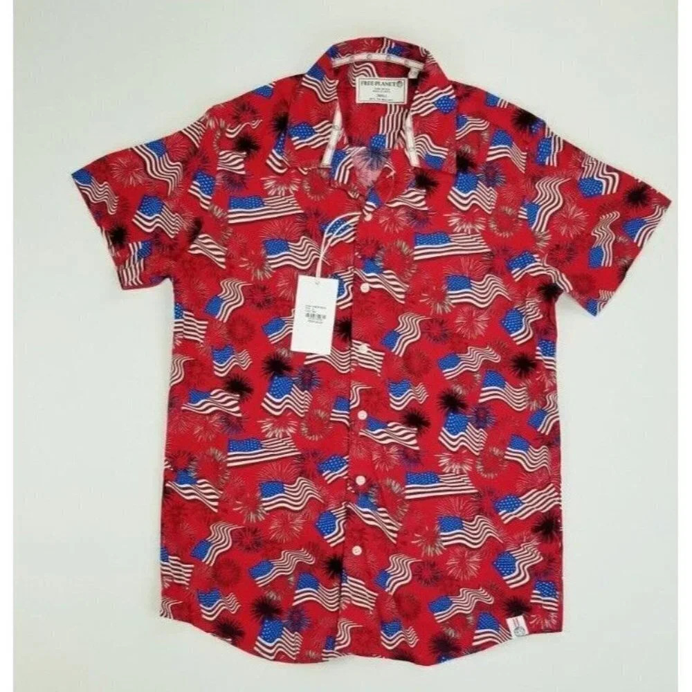 Free Planet Small Stars and Stripes Red American Flag Fireworks Mens Rayon Shirt